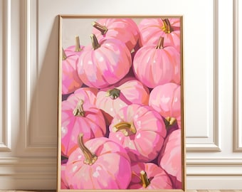 Pink Pumpkins Painting – Pastel Autumn Wall Art, Halloween Fall Decor Digital Download