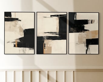 Schwarz und Beige abstraktes Print 3er Set - Moderne neutrale Wandkunst, digitaler Download
