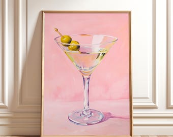 Martini Cocktail Painting – Pink Bar Cart Wall Art, Modern Drink Print, Trendy Kitchen Decor