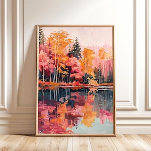 May include: A painting depicting a lake reflecting the colours of autumn trees. The trees are a mix of orange, yellow, and red. The lake is a deep blue with a reflection of the trees on the surface.