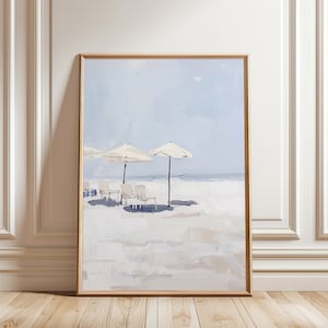 Coastal Beach Umbrella Painting – Neutral Seascape Wall Art, Minimalist Summer Ocean Digital Download