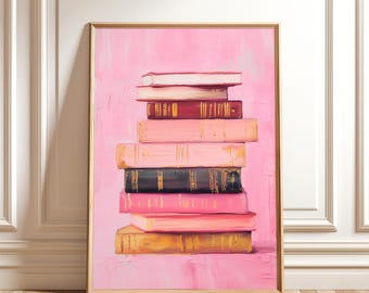 Rosa Bücher Stapel Gemälde - Buchliebhaber Wandkunst, gemütliches Lesen digitaler Download