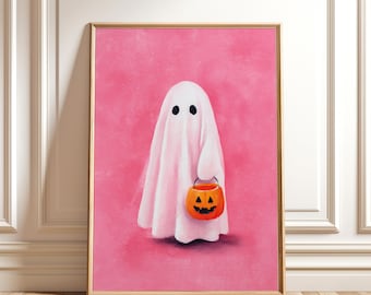 Pink Halloween Ghost Wall Art, Pastel Ghost Print, Spooky Nursery Decor, Digital Download