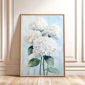 White Hydrangea Flower Painting - Blue Botanical Print - Bouquet Digital Art for Trendy Girly Wall Decor