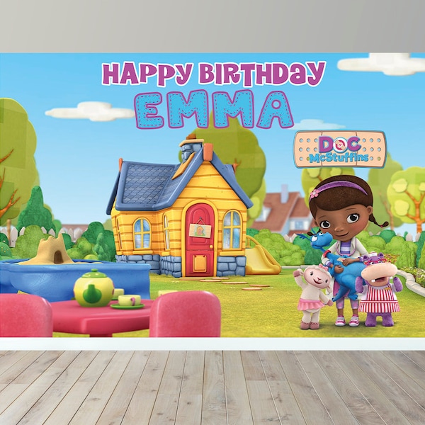 Toile de fond Doc McStuffins, anniversaire du petit vétérinaire, bannière Doc McStuffins, impression personnalisée, anniversaire des amoureux des chiens, anniversaire des amoureux des chats, numérique