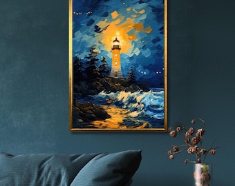 May include: A painting depicting a lighthouse standing on a rocky shore, with waves crashing against the rocks. The lighthouse is illuminated, and the sky is a dark blue with stars. The painting is created in a painterly style with thick brushstrokes.