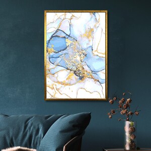 Blue Marble Canvas Art: White and Gold Abstract Print