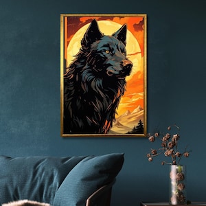 Wolf &quot;Wolf And Yellow Moon&quot;,  Wolf Canvas, Wolf art