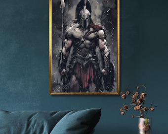 May include: A framed print of a warrior in a helmet and armour, holding a spear and shield. The warrior is depicted in a dramatic pose, with a dark background and a sense of action.