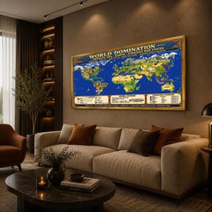 May include: A rectangular wall poster titled World Domination Freeciv GPL Earth Strategy Map Poster. The print features a detailed isometric world map with blue oceans and tan landmasses, including a legend and global summary section at the bottom.