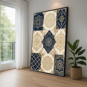 Marinblå krämguldfärgad lapptäckeposter, marockansk väggkonst i vintagestil, utsmyckad mandala-damasttryck, boho-kanvas
