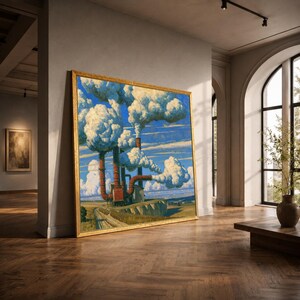 May include: A large framed painting depicting an industrial factory with tall red smokestacks emitting thick white clouds into a bright blue sky. The facility sits on a grassy cliffside overlooking a landscape with a dirt path leading toward the horizon.