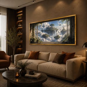 May include: A rectangular wall art piece in a gold frame depicting a fantasy landscape of floating islands with waterfalls and lush greenery, viewed through an open window frame with vines, set against a bright blue sky with white clouds.