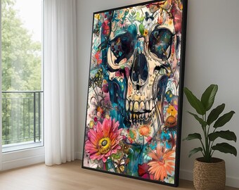 May include: Large framed art print featuring a colorful skull design. The skull is adorned with flowers, butterflies, and vibrant hues of blue, pink, and orange. The artwork is displayed in a room with a window and a potted plant.