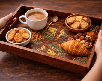 Handcrafted Wooden Serving Tray With Fish Motif Madhubani Painting