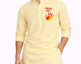 Yellow Holi Kurta for Men - Handprinted Cotton Festive Wear