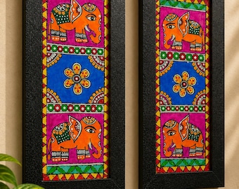 Ręcznie malowany obraz ścienny z motywem słonia Madhubani | Tradycyjna sztuka ludowa Mithila