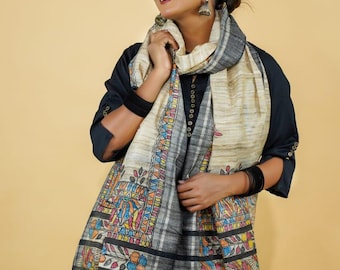 Handwoven Ghicha Silk Dupatta With Madhubani painting