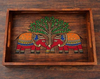 Handcrafted Wooden Tray With Elephant Motif Madhubani Painting