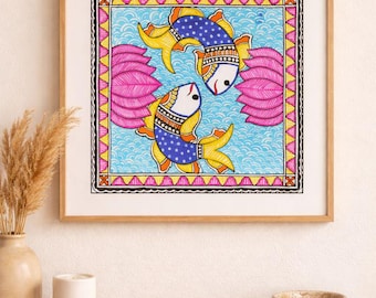 Handmade Madhubani Painting - Fish is the Queen Of the Water