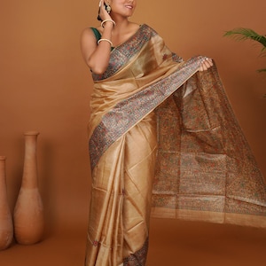 Prakriti Katha– Handpainted Tan Madhubani Tussar Silk Saree Depicting Nature and Life Motifs