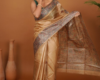Prakriti Katha– Handpainted Tan Madhubani Tussar Silk Saree Depicting Nature and Life Motifs