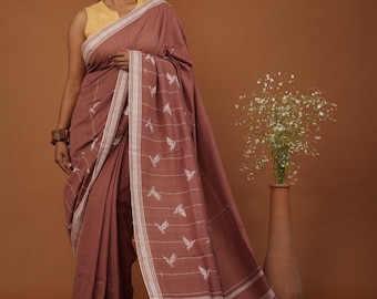 Flying Bird Handwoven Dusty Rose Bawan Buti Cotton Saree - Limited Edition
