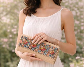 MatsyaKala Handcrafted Jute Handbag – Natural Beige & Multicolour