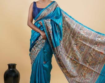 Blue Bhaglpuri Tussar Silk Saree, Madhubani Hand-Painted, Unstitched Blouse