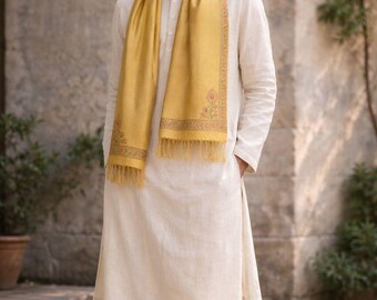 Golden Banana Silk Stole |Gift for Him| Hand-Painted Madhubani