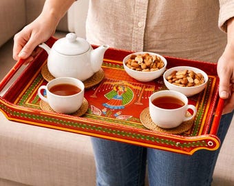 Handcrafted Wooden Serving Tray With Bihar Rare Art Tikuli Painting