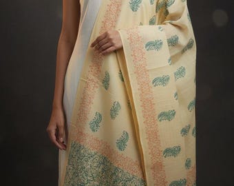 Handloom Cotton Dupatta: Pastel Yellow, Floral Buti Print
