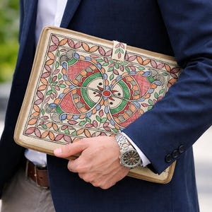 Jute File Folder With Madhubani Painting - Fish Motif