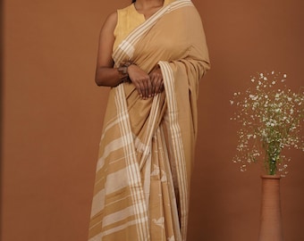 Flying Bird Handwoven Bawan Buti Mustard Beige Buti Cotton Saree - Limited Edition