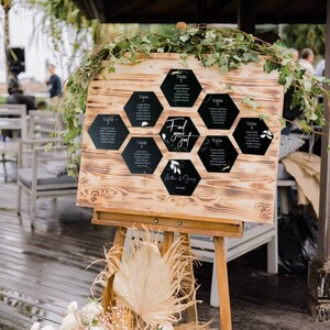 Stoelindeling voor bruiloftsreceptie, zwarte bruiloft vind je stoel zeshoek bord met foto, modern bruiloftsdecor, tafelkaart bord