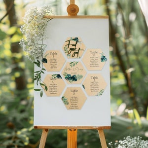 Zitplaatsgrafiek voor tropisch bruiloftsdecor, bestemmingsbruiloft Vind uw stoelteken, aangepast huwelijkstekenhout, zitkaartbord