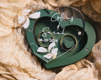 Heart Ring Bearer Box: Wooden Wedding Ring Holder with Glass Lid