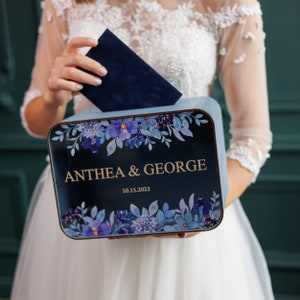 Boîte pour cartes de mariage, Boîte pour cartes de remise des diplômes en verre acrylique avec fente, Boîte pour cartes à fleurs bleue pour fête de mariage, Boîte pour collection d'argent personnalisée