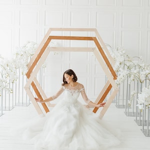 六角形のウェディングアーチ、結婚式用の木製背景、ボヘミアンウェディング背景、素朴な結婚式用の再組み立てウェディングアーバー装飾