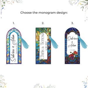 May include: Three personalized bookmark designs with stained glass patterns and light blue tassels. Each bookmark features a different couple's names and wedding date. The text "Choose the monogram design:" is at the top.
