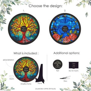 May include: The image showcases two circular designs with stained-glass style artwork. One features a tree with yellow and orange leaves, the other a blue background with roses. Additional options include a sign, a box for hearts, and pens. Text includes "Choose the design" and "What is included".
