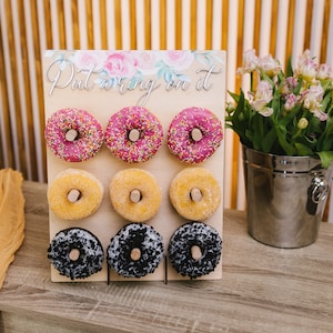 Donut Wall Table Decor for Wedding Reception, Pastry Display Board, Donut Display Stand with Funny Text, Barn Wedding Decorations