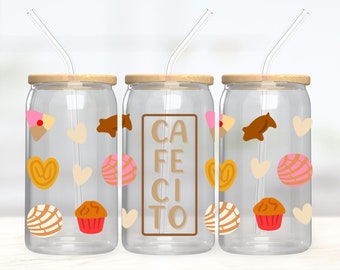 Cafecito 16 oz  Glass Can Wrap - PNG Sublimation Designs Digital Download - Mexican Gift - Conchita, Latina PNG - 16oz Glass Can - pan dulce
