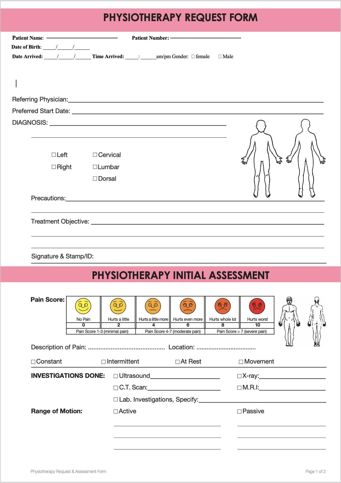 Physiotherapy Request Initial Assessment Form Printable Editable Etsy