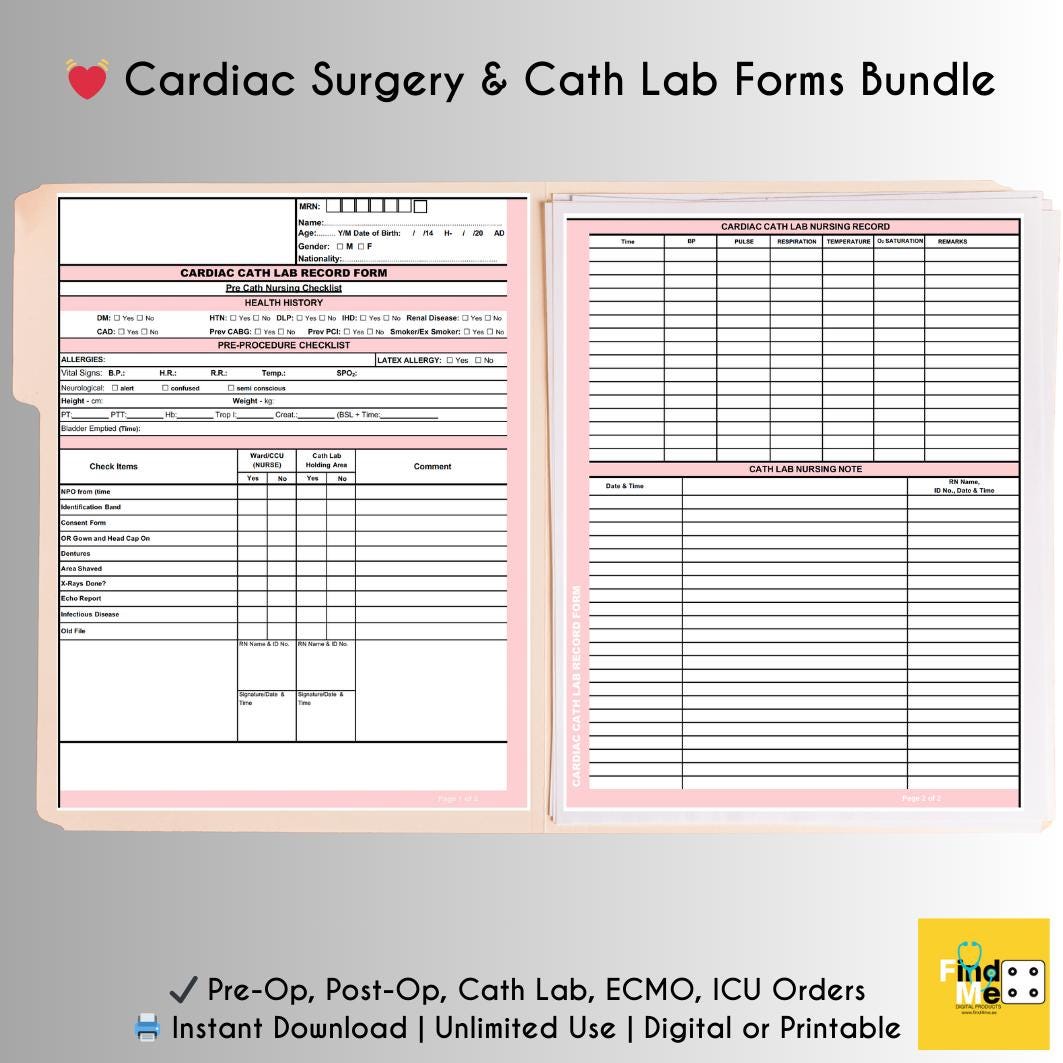 Cardiac Surgery & Cath Lab Forms Bundle: ICU Nursing Sheets (printable ...