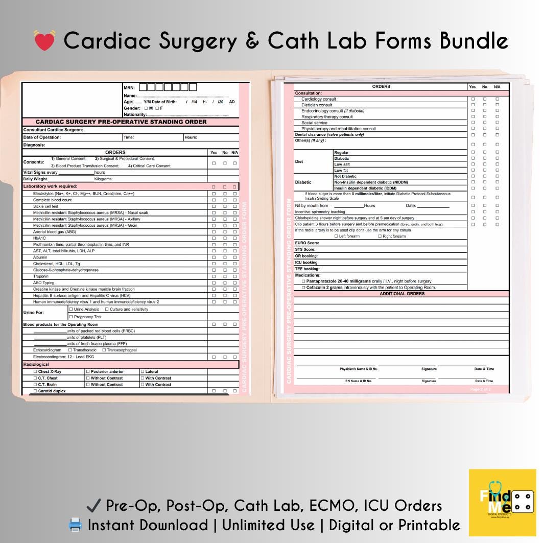 Cardiac Surgery & Cath Lab Forms Bundle: ICU Nursing Sheets (printable ...