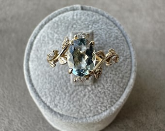 Vintage Aquamarine Engagement Ring, Diamond 14k Gold Floral Band