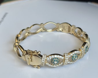 Evil Eye Oval s Clamp Full Diamond Luxury Bracelet Valentine's Day 2.36 Ct Diamond and Blue Diamond VS2 Fine Jewelry