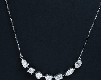 14K Weißgold Sieben Stein Diamant Halskette für Hochzeit, Multi Form Labor gewachsene Diamant Halskette, Prong Halskette für Frauen