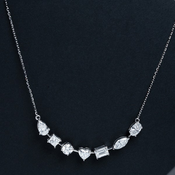 14K White Gold Seven Stone Diamond Necklace for Wedding, Multi Shape Lab Grown Diamond Necklace, Prong Necklace for Women